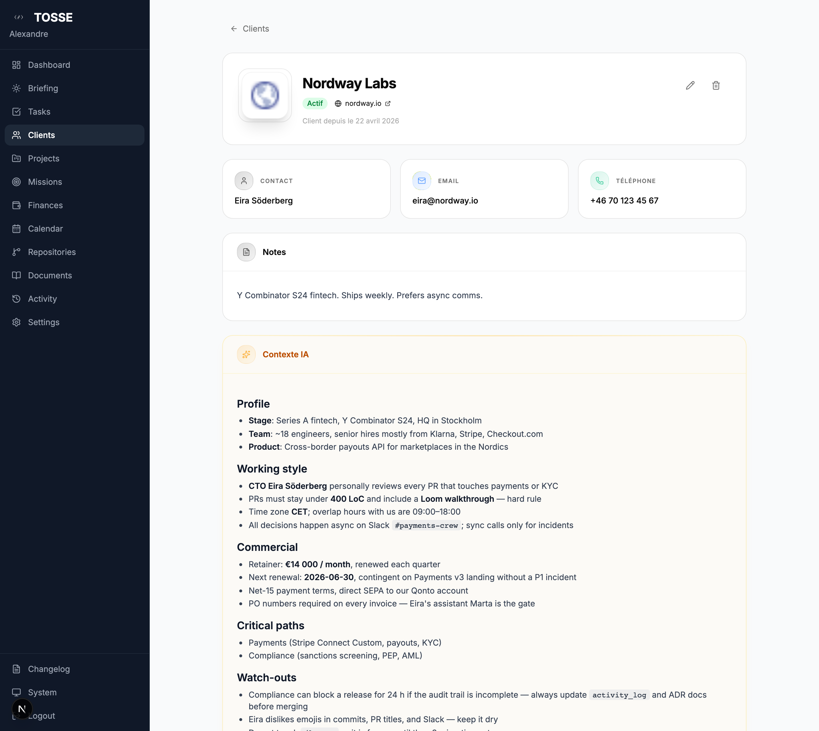 Client detail — AI context with company profile and working style