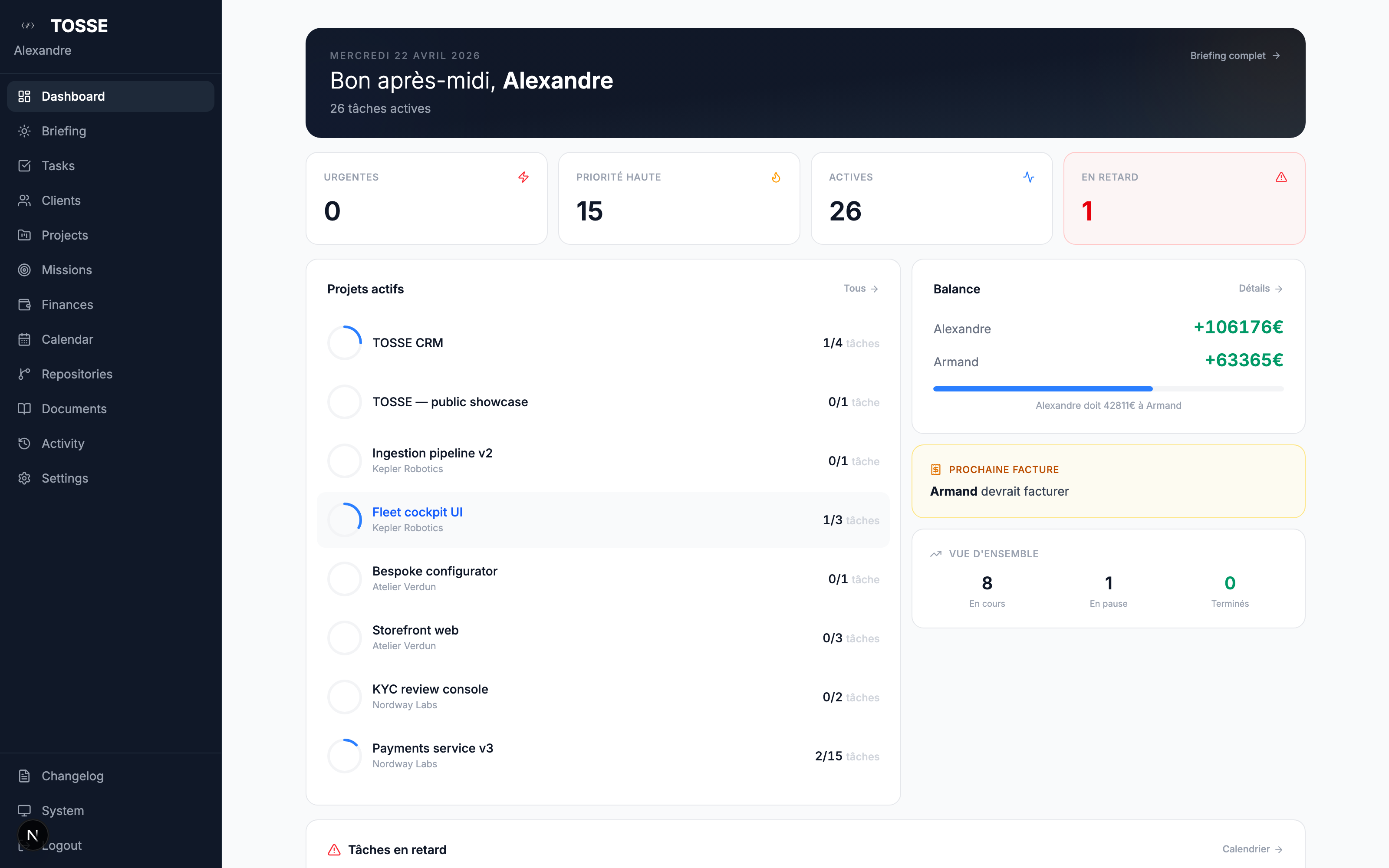 TOSSE dashboard — active projects, balance between the two freelancers, upcoming invoicing
