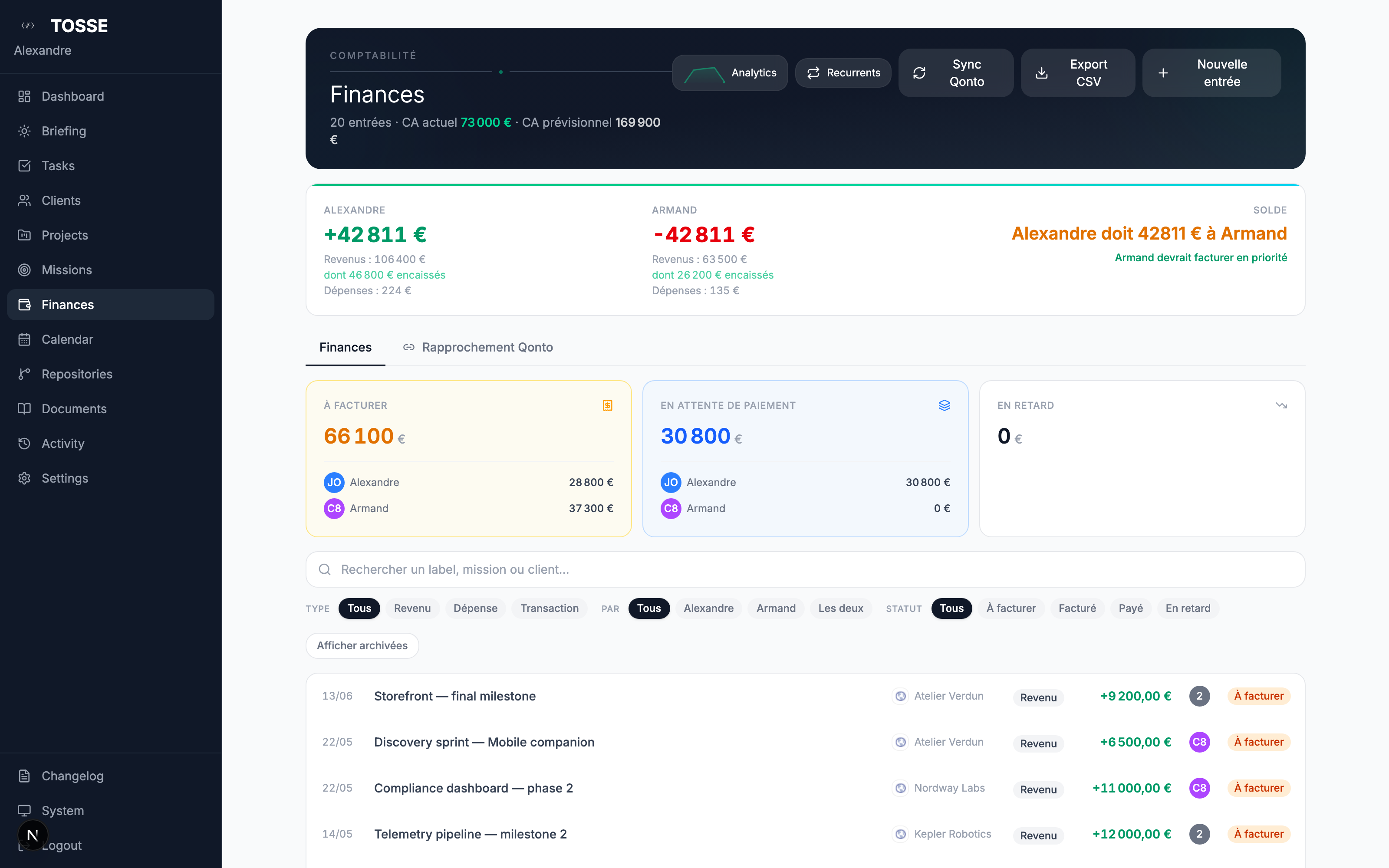 Finance page with 50/50 balance and Qonto reconciliation tab