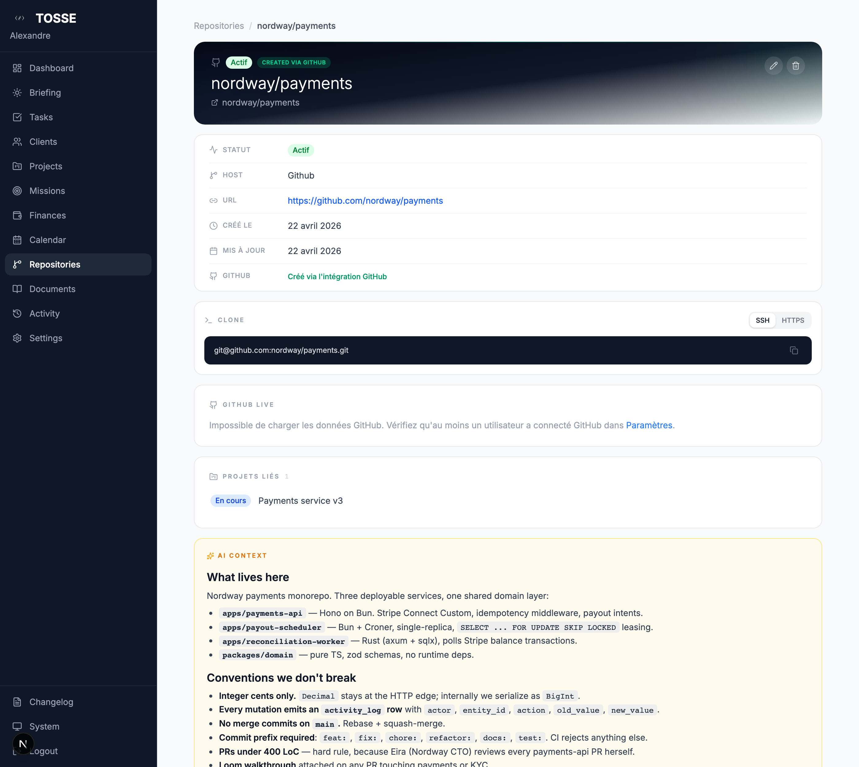 Repository detail — AI context with conventions, testing, deployment