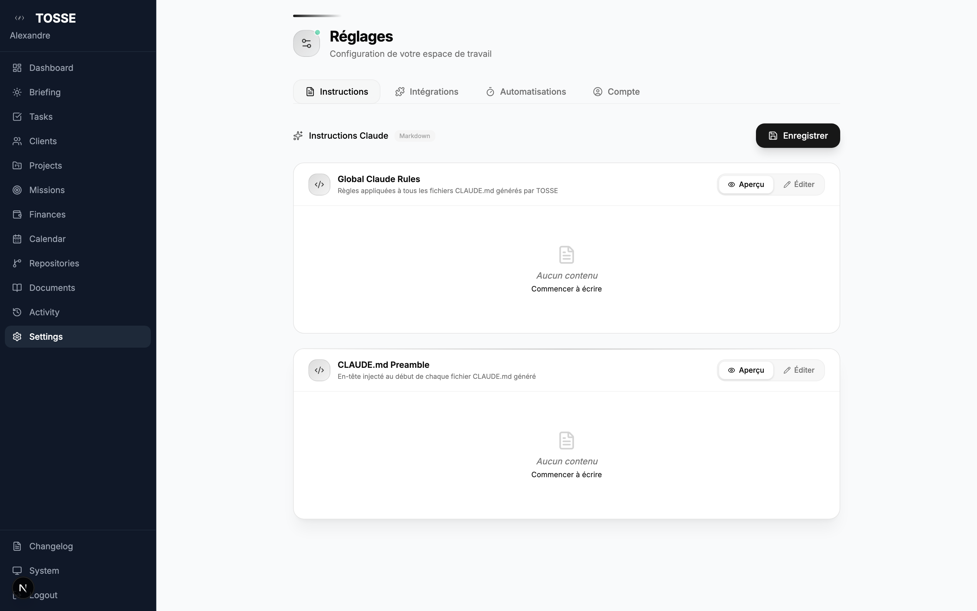 Settings page with connected integrations and health checks