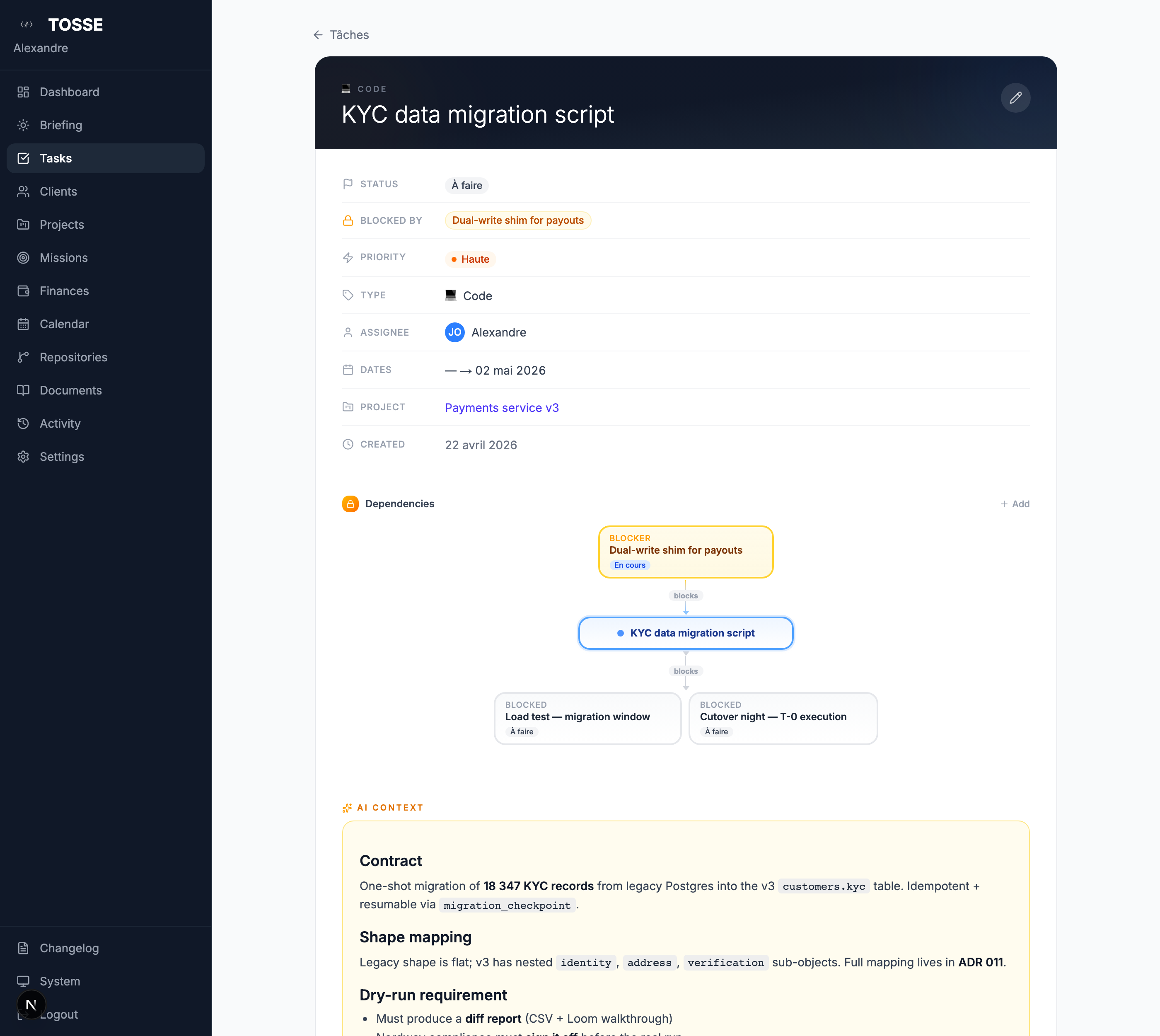 Task detail — AI context with contract, validation rules, resumability