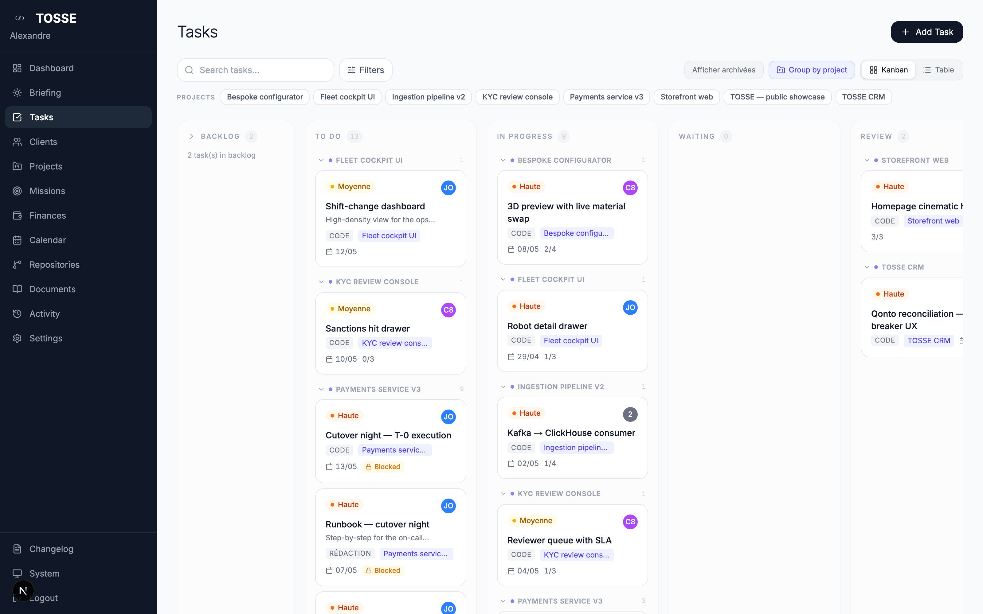 Kanban board grouped by project